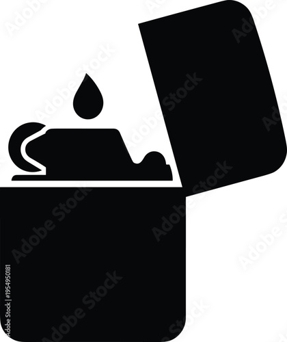 Lighter icon vector illustration, flame ignition device silhouette, pocket lighter symbol, smoking accessory design, fire starter concept, minimal black icon, isolated simple shape element