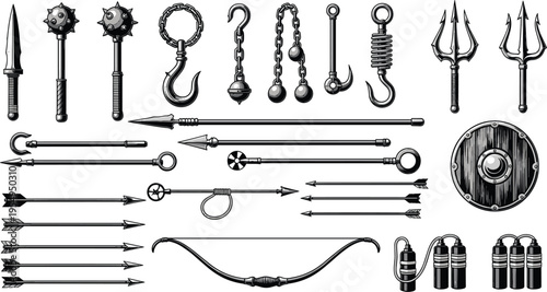 Medieval weapon collection vector illustration, maces hooks chains spears arrows and shield set, ancient combat gear, warrior equipment, historical armory design, isolated detailed elements