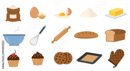 Assortment of baking ingredients, tools, and finished baked goods for culinary projects.