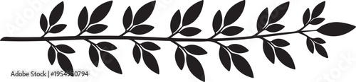 A minimalist black silhouette of a long botanical plant branch featuring many small green leaves