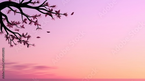 A tree with pink and purple leaves against a sunset sky.