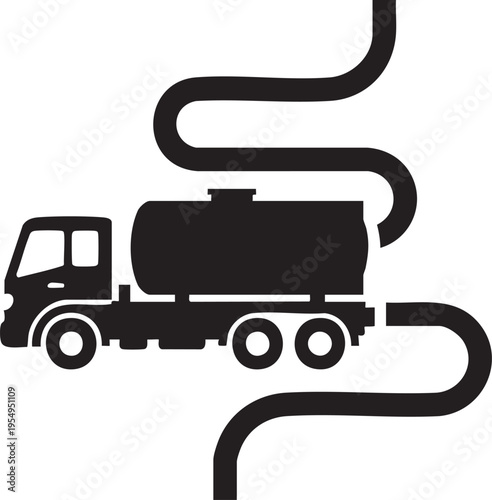 A minimalist black and white silhouette icon of a tanker truck featuring stylized winding hoses extending from the top and bottom of the vehicle