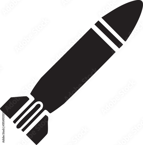 A minimalist black silhouette icon of a military bomb or rocket projectile isolated on a clean white background for design projects