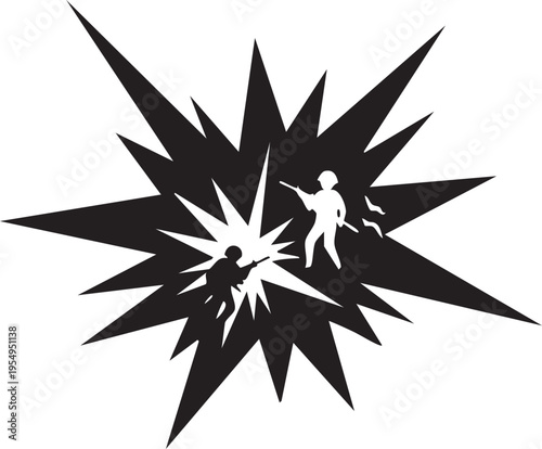 Minimalist graphic illustration featuring two soldiers silhouettes caught in a sharp black and white explosion design for military themed projects