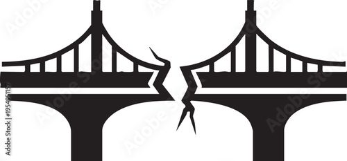 A minimalist black and white graphic illustration depicting a bridge that has been broken in the middle representing a concept of separation