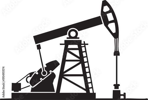 A minimalist black silhouette illustration of an industrial oil pump jack used for petroleum extraction on a clean white background