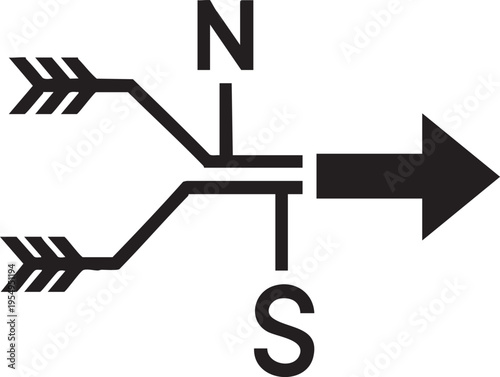 A minimalist black and white graphic design featuring directional arrows combined with the letters n and s to represent navigational orientation