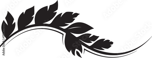 A minimalist black and white graphic illustration featuring a stylized leafy branch decorative arc