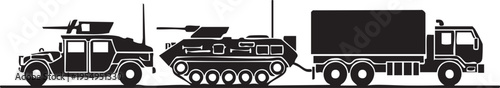 A minimalist black and white vector illustration featuring a military convoy with a humvee, an armored personnel carrier, and a transport cargo truck