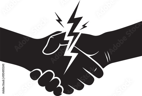 A black and white graphic illustration depicting a handshake being severed by a jagged lightning bolt symbol representing broken trust and conflict