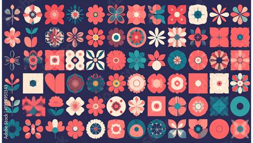 Decorative Floral Arrangement Set, Modern Flat Flowers with Botanical Shapes Collection