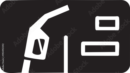 A minimalist black and white graphic icon representing a gas station pump nozzle and digital display for fuel service station signage and navigation