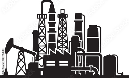 A minimalist black silhouette illustration showcasing an industrial oil refinery complex with pump jacks and storage tanks on a clean white background