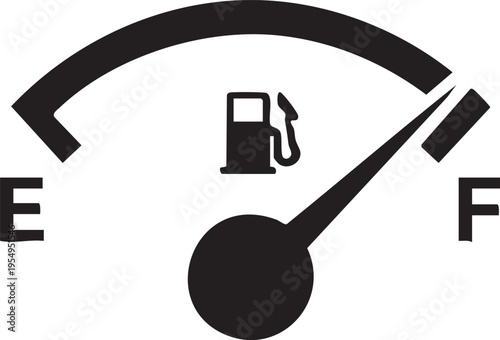 A minimalist black and white fuel gauge icon showing a full tank indicator with a needle pointing towards the f mark for automotive dashboard design