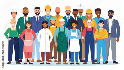 Diverse People of Different Professions Standing Together, Flat Vector Teamwork Collection PNG
