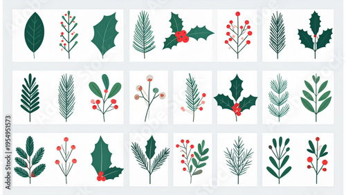 Holiday Winter Foliage Collection, Modern Flat Vector Set of Pine, Holly and Mistletoe Elements