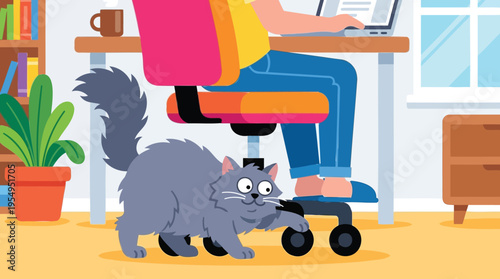 Embracing Remote Work Person Focused on Laptop in Cozy Home Office, Gently Navigating Playful Distractions from a Curious Grey Cat