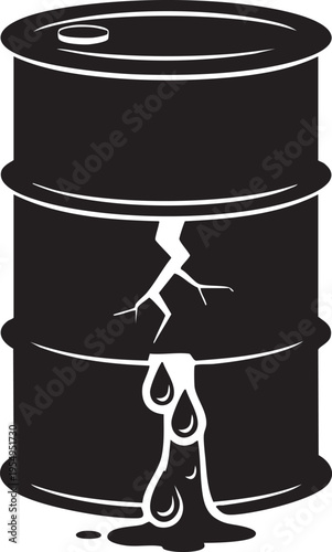 A black and white graphic illustration featuring a damaged metal barrel with liquid leaking from a crack on its side representing environmental hazard