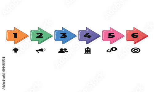 A colorful graphic illustrates a six step process with numbered arrows and corresponding icons representing ideas announcements and strategies high-quality professional detailed modern elegant stylish