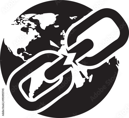 A black and white graphic illustration featuring a broken metallic chain link superimposed over a silhouette of the earth representing global disconnection
