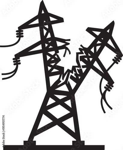 A black and white vector illustration showing a broken and collapsed high voltage electricity transmission pylon tower