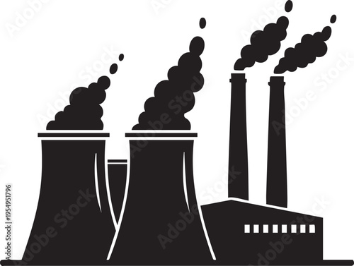 A minimalist black and white icon illustration showing industrial cooling towers and smokestacks emitting thick plumes of smoke into the sky