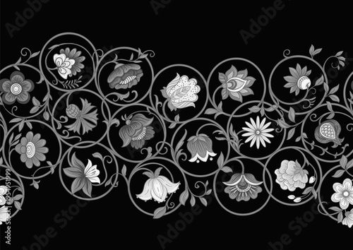 Ornate floral seamless pattern. Elegant hand-drawn botanical motif with intricate repeating layout for textile, wallpaper and decor, classic flowers and foliage create a refined vintage background.