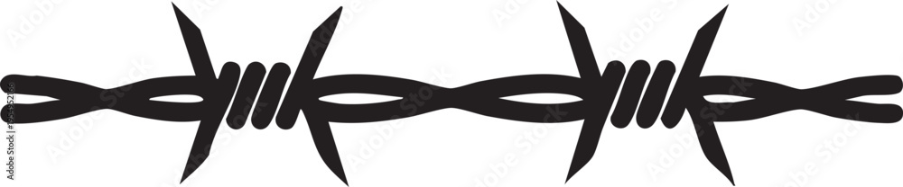 Obraz premium A minimalist black silhouette illustration of a section of barbed wire featuring sharp spikes and twisted wire strands on a plain white background