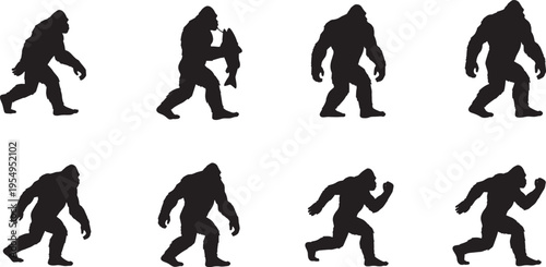 Eight distinct black silhouettes of a legendary ape-like forest creature, capturing the enigmatic presence and diverse movements of a mythical beast in an iconic illustrative style