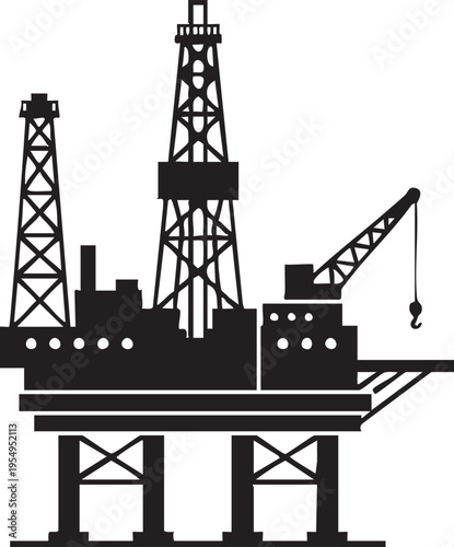 A minimalist black silhouette illustration of an offshore oil drilling rig platform showing industrial crane and derrick structures on white background