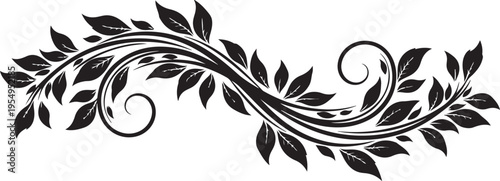 Elegant black floral scroll design with intricate leafy branches and artistic swirling elements