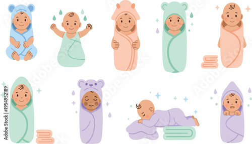 Cute Baby Swaddle Set with Newborn Wrapped in Blankets Different Poses Sleeping and Cozy Nursery Scenes for Infant Care Illustration and Design.