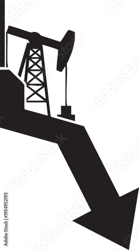 A minimalist black silhouette illustration showing an oil pump jack integrated into a downward trending economic graph arrow symbol