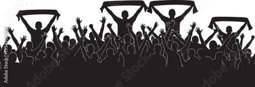 Dynamic silhouette capturing an enthusiastic crowd of fans, arms raised in triumph and holding scarves, celebrating together in a moment of shared passion and collective energy