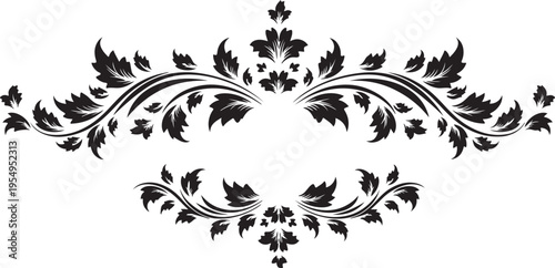 Elegant black floral damask scroll design element for sophisticated vintage style graphic projects