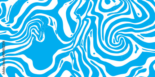 Abstract seamless pattern with blue waves and black swirl lines creates a decorative vector texture for sea inspired textile design and wallpaper art