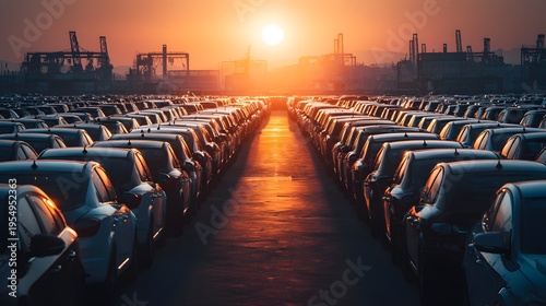 A large parking lot filled with rows of cars during a vibrant sunset