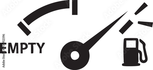 A minimalist black and white graphic design icon representing a car fuel gauge needle pointing towards the empty level with a gas station symbol