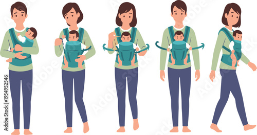 Parents Carrying Baby in Carrier Vector Set with Mother and Father Using Sling Backpack and Front Carry Positions for Parenting Illustration Design.