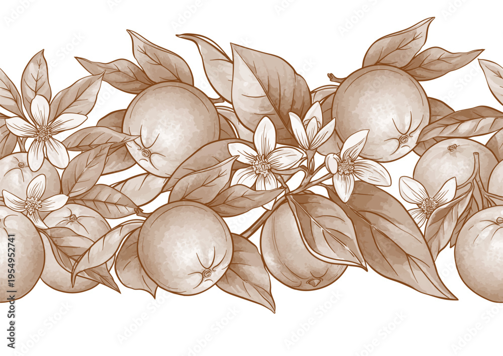 Naklejka premium Oranges and citrus blossoms seamless botanical pattern. Hand-drawn fruit, branches, leaves, and natural flowers for vintage textile, wallpaper, kitchen, and food design. Classic motif.