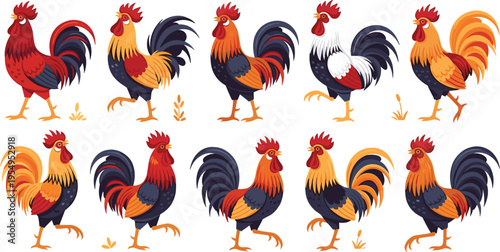 Colorful rooster character sheet and rooster vector icons collection featuring various poses and farm bird designs for agriculture branding and rustic illustration.