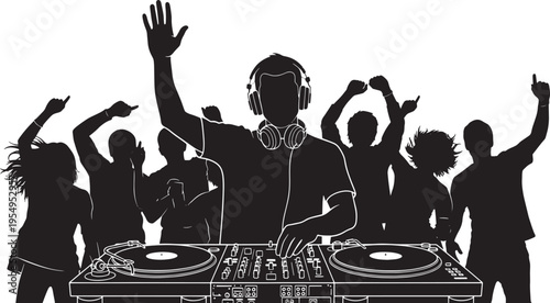 Dynamic silhouette of a DJ leading an enthusiastic crowd, capturing the vibrant energy of a dance party and the exhilarating atmosphere of a fun-filled nightlife celebration