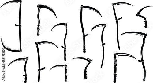 Scythe collection vector illustration, farming tools silhouettes set, agricultural harvesting equipment, traditional hand tools, vintage blades design, rural 