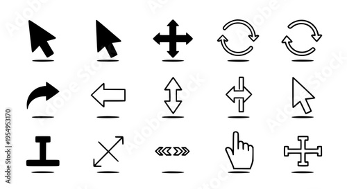 Arrows icon set with black curved lines and pointers for navigation and direction featuring symbols, signs, graphics with cursor and mouse elements