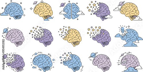 Creative brain vector illustration set featuring celestial themes with stars planets and clouds for mental health awareness psychological concepts mindfulness and spiritual intelligence designs.