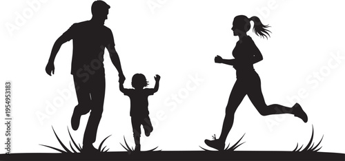 Energetic family silhouettes jogging outdoors, symbolizing a healthy, active lifestyle and the joyful bond of togetherness through shared physical activity and fitness