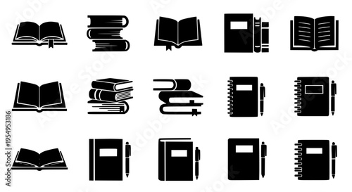 Book set with various black icons and notebooks with pens featuring books, notebook, pen with silhouette and education elements for learning, reading