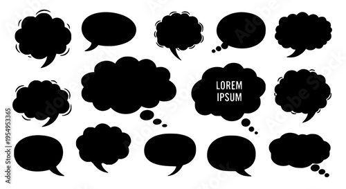 Speech bubbles set with black silhouettes and various shapes on white background for dialogue and text