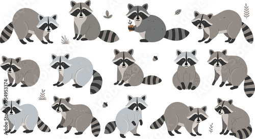 Cute raccoon character sheet and procyon vector icons collection featuring various poses and wild animal designs for forest branding and nursery illustration.
