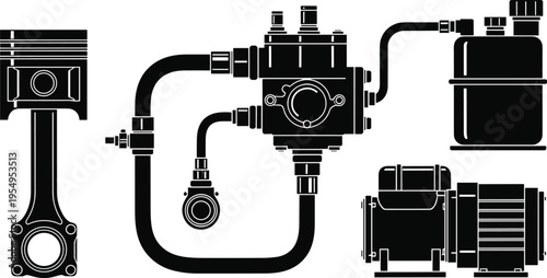 Internal combustion engine parts silhouette set with piston connecting rod fuel pump assembly and fluid reservoir tank for automotive engineering